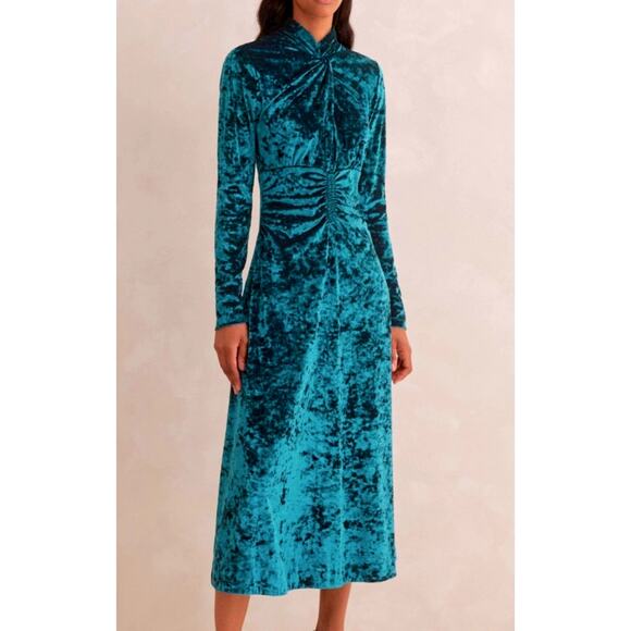 ME+EM Teal Crushed Velvet Midi Dress Size 8 Long Sleeves Zip Closure - Picture 1 of 9